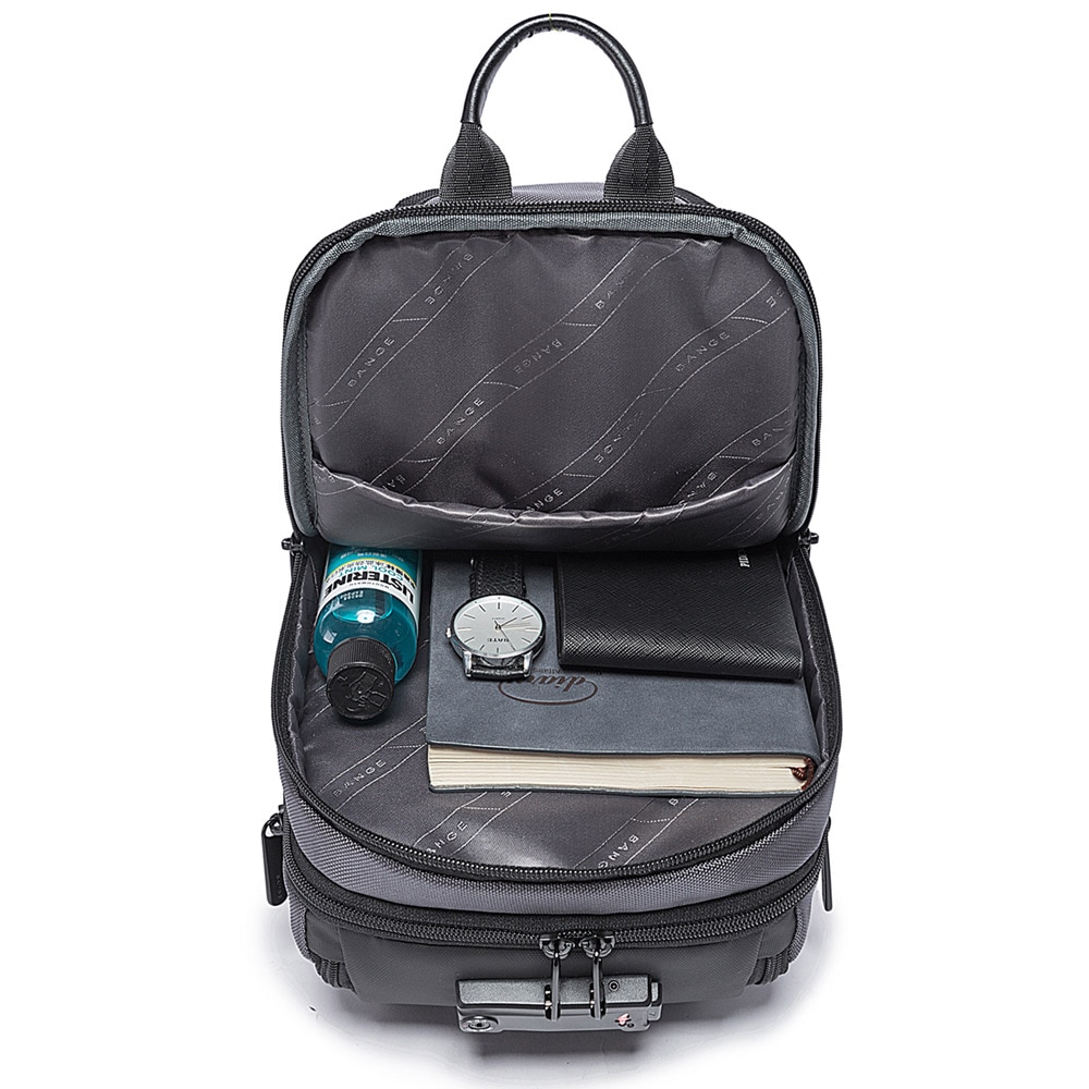 Rucsac crossbody/de umar casual, impermeabil, multifunctional, antifurt, cu port de incarcare USB, Bange, Gri
