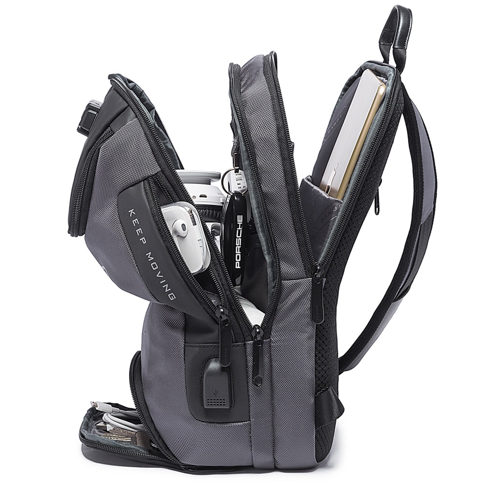 Rucsac crossbody/de umar casual, impermeabil, multifunctional, antifurt, cu port de incarcare USB, Bange, Gri