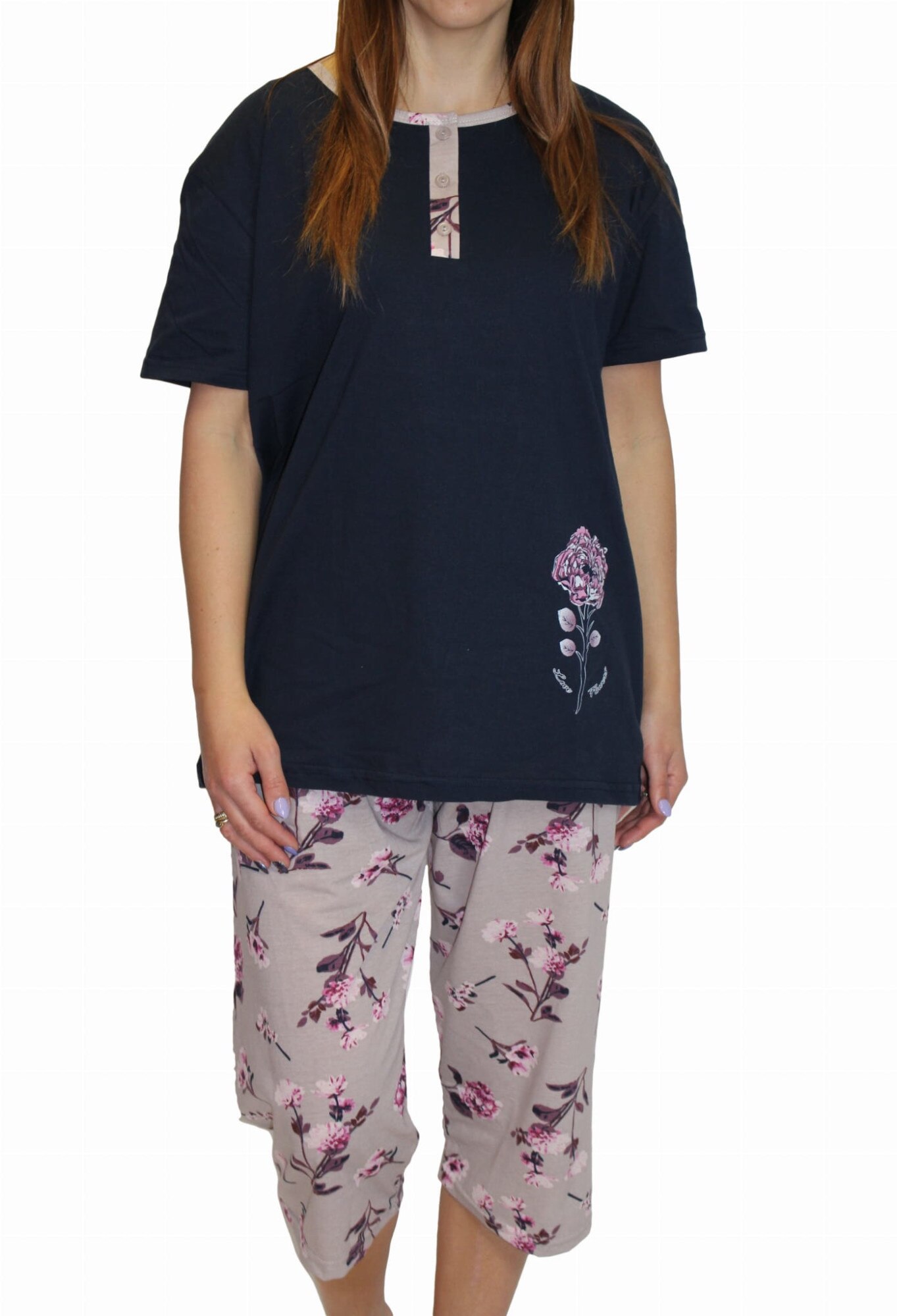 Pijamale dama, La Penna, Maneca scurta, Flori, Bumbac, Bleumarin