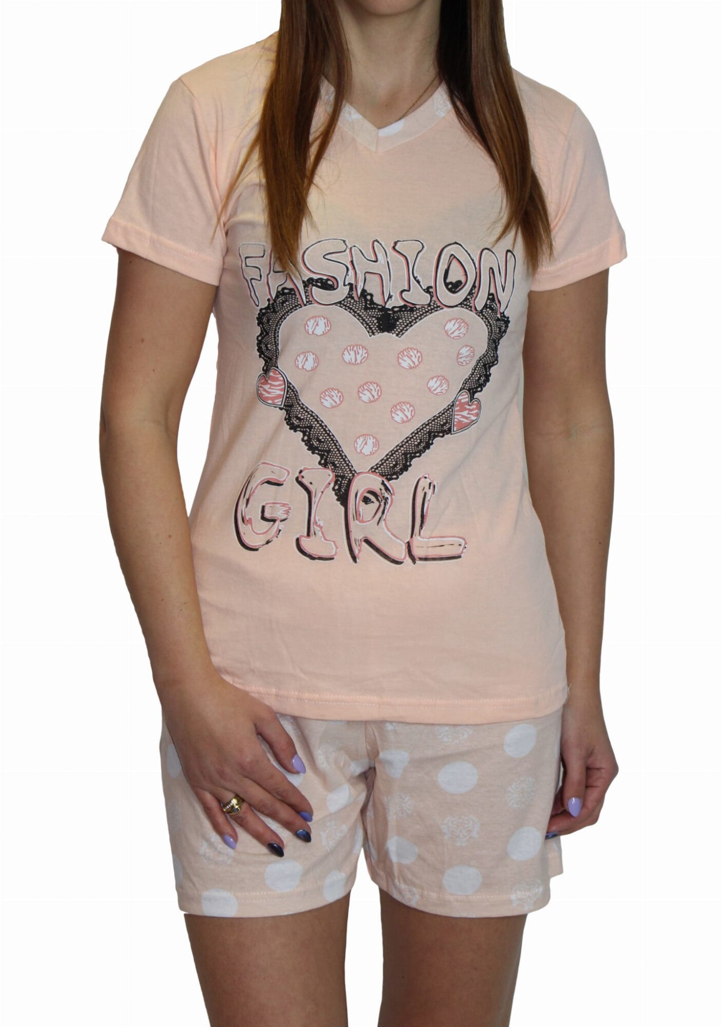 Pijamale dama, Fenix, Fashion Girl, Maneca scurta, Buline, Bumbac, Somon