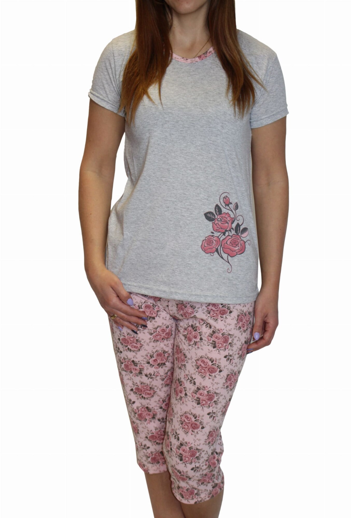 Pijamale dama, Secret, Maneca scurta, Trandafir, Bumbac, Gri