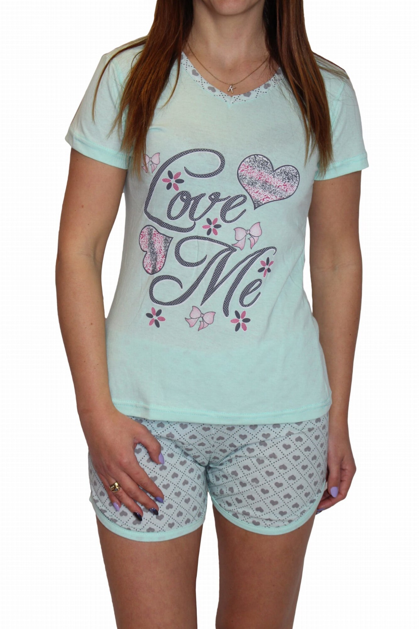 Pijamale dama, Fenix, Maneca scurta, Inimioare, Bumbac, Menta