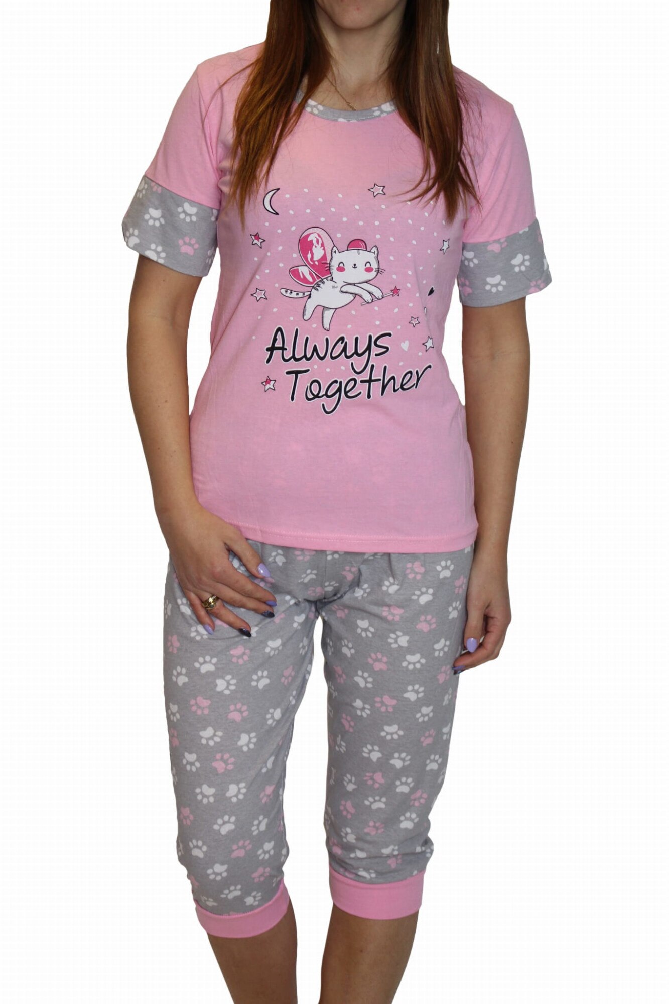 Pijamale dama, Fenix, Maneca scurta, Animale, Bumbac, Roz