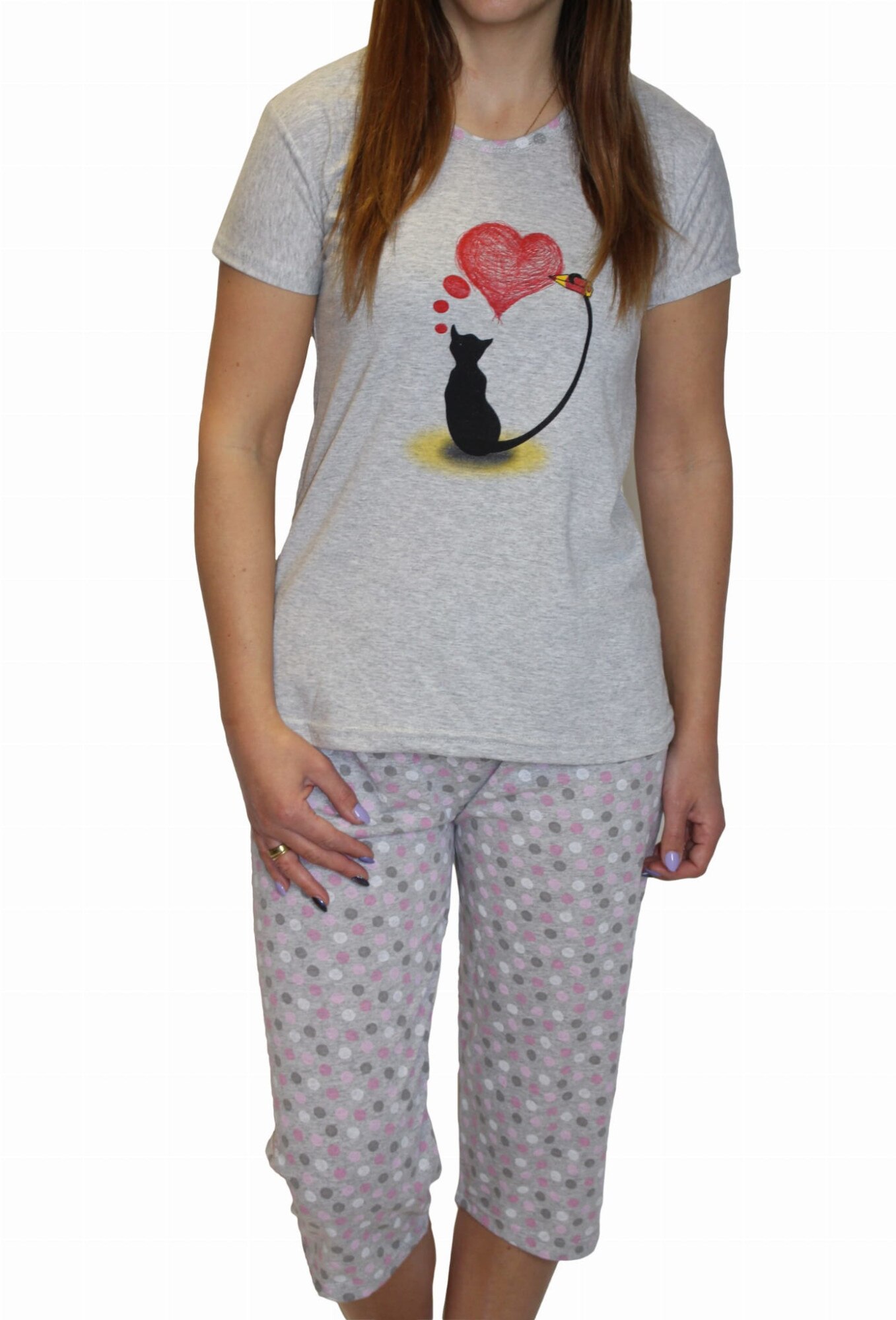 Pijamale dama, Secret, Maneca scurta, Animale, Bumbac, Gri