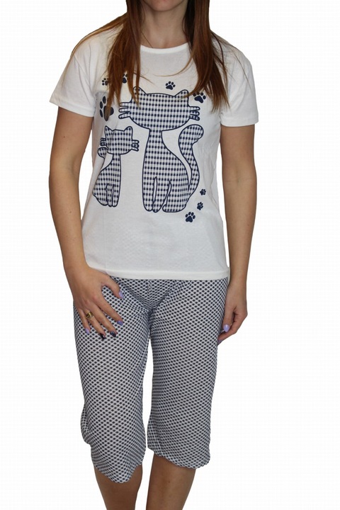 Pijamale dama, Miss Lale, Maneca scurta, Animale, Bumbac, Ecru