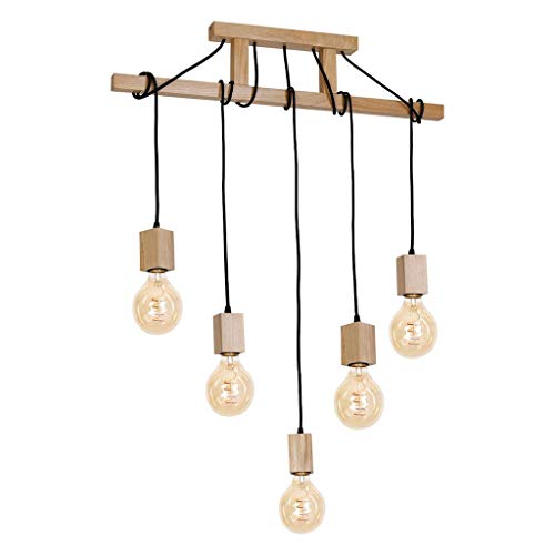 Lustra rustic-vintage Cojom, Velo,5n, din lemn natur si cablu textil,5xE27, pendul suspendat