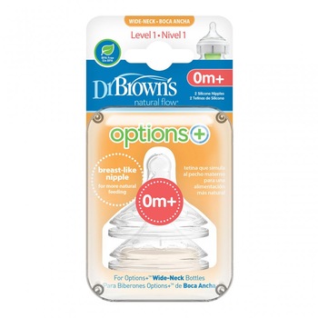 Tetine silicon pentru biberoanele cu gat larg Options Dr. Brown' s, Nivel 1, 0 luni+, 2 buc Tetine silicon pentru biberoanele cu gat larg Options Dr. Brown' s, Nivel 1, 0 luni+, 2 buc