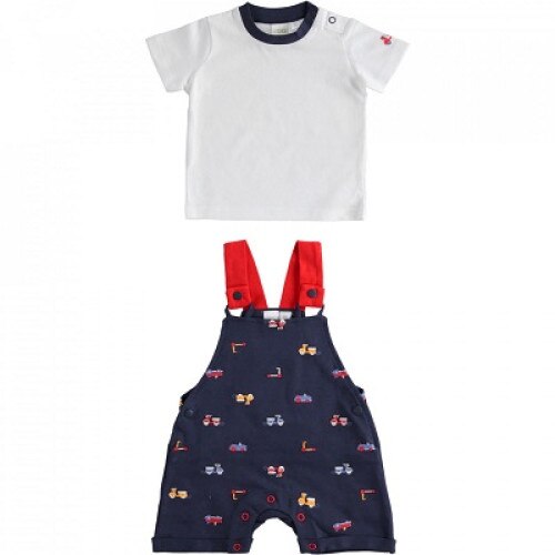 Salopeta baieti ido cu pantalon scurt si tricou, Alb/Bleumarin