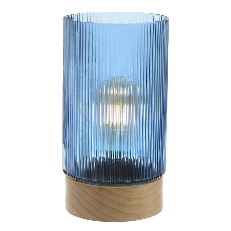 Lampa din sticla cu led, baza din lemn, blue, 14.5*28, cu baterii