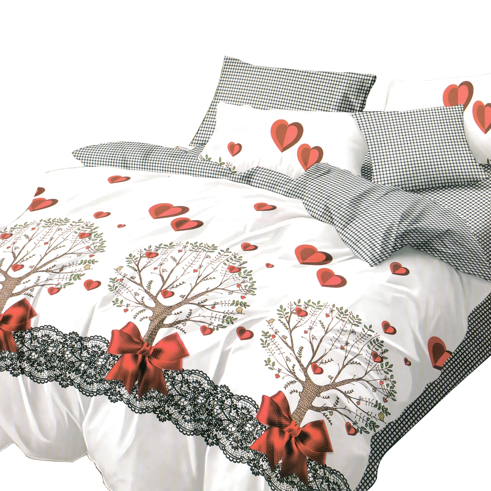 Lenjerie de pat Rosa Double Premium 03 , 4 piese, pat dublu, 100% microfibra , tip inchidere capse, culoare alb, model inimi rosii