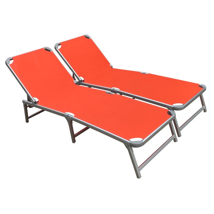 Set 2 sezlonguri pliabile cu spatar reglabil 4 pozitii si stofa mesh orange RAKI 188x58cm