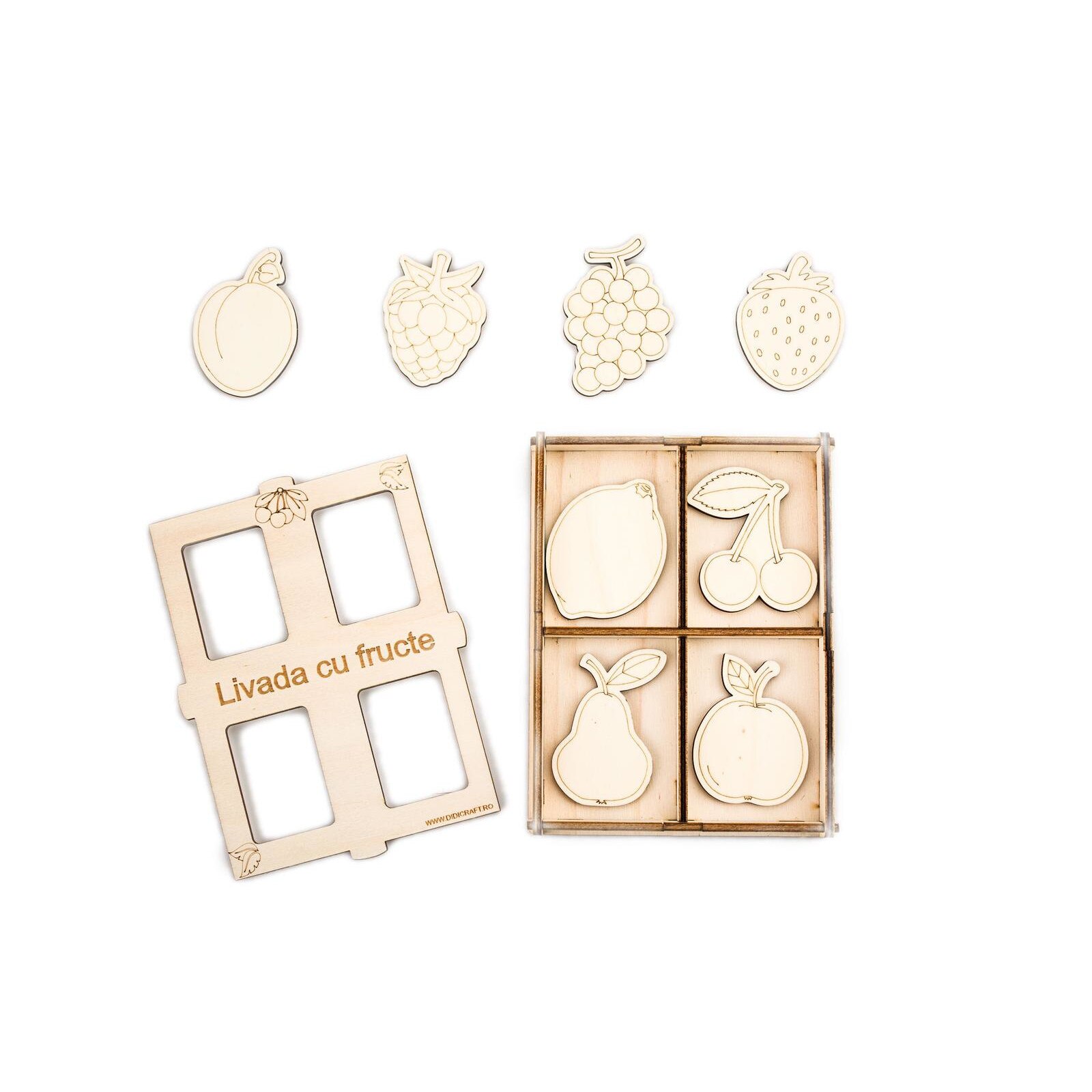 Set din lemn pentru pictat, colorat si decorat, Livada cu fructe, + 3 ani, 9 piese