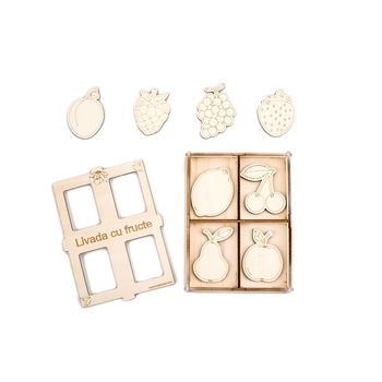 Set din lemn pentru pictat, colorat si decorat, Livada cu fructe, + 3 ani, 9 piese Set din lemn pentru pictat, colorat si decorat, Livada cu fructe, + 3 ani, 9 piese