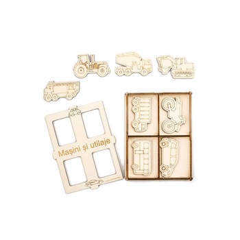Set din lemn pentru pictat, colorat si decorat, Masini si utilaje, + 3 ani, 9 piese Set din lemn pentru pictat, colorat si decorat, Masini si utilaje, + 3 ani, 9 piese