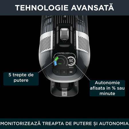 Aspirator vertical Rowenta X-Force Flex 14.60 RH9958WA, 480W, Smart Control Display, Functie Boost, tehnologie Digital Force, tehnologie Flex, cap de aspirare Power Led Vision , Mod Auto, recipient praf 0.9L, autonomie 1 ora 10 min, Negru/ gri