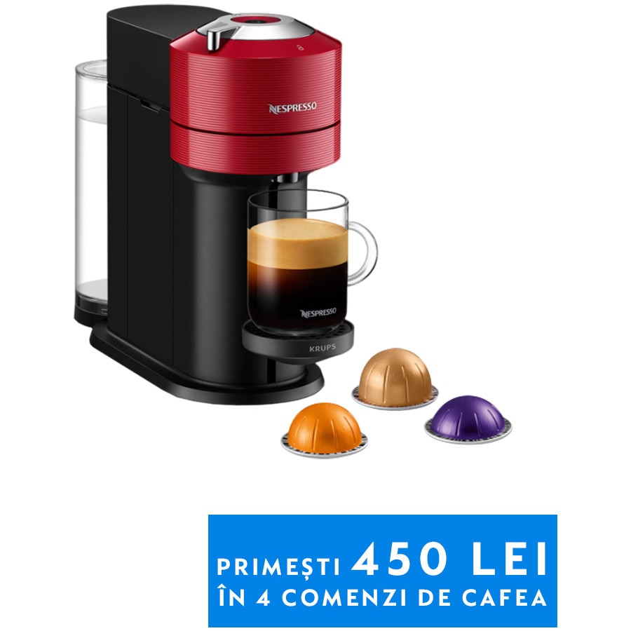 Espressor KRUPS cu capsule Nespresso Vertuo Next XN910510, 1500W, 19 Bar, Centrifusion™, Conectare la telefon, 1.1L, Rosu + set capsule degustare