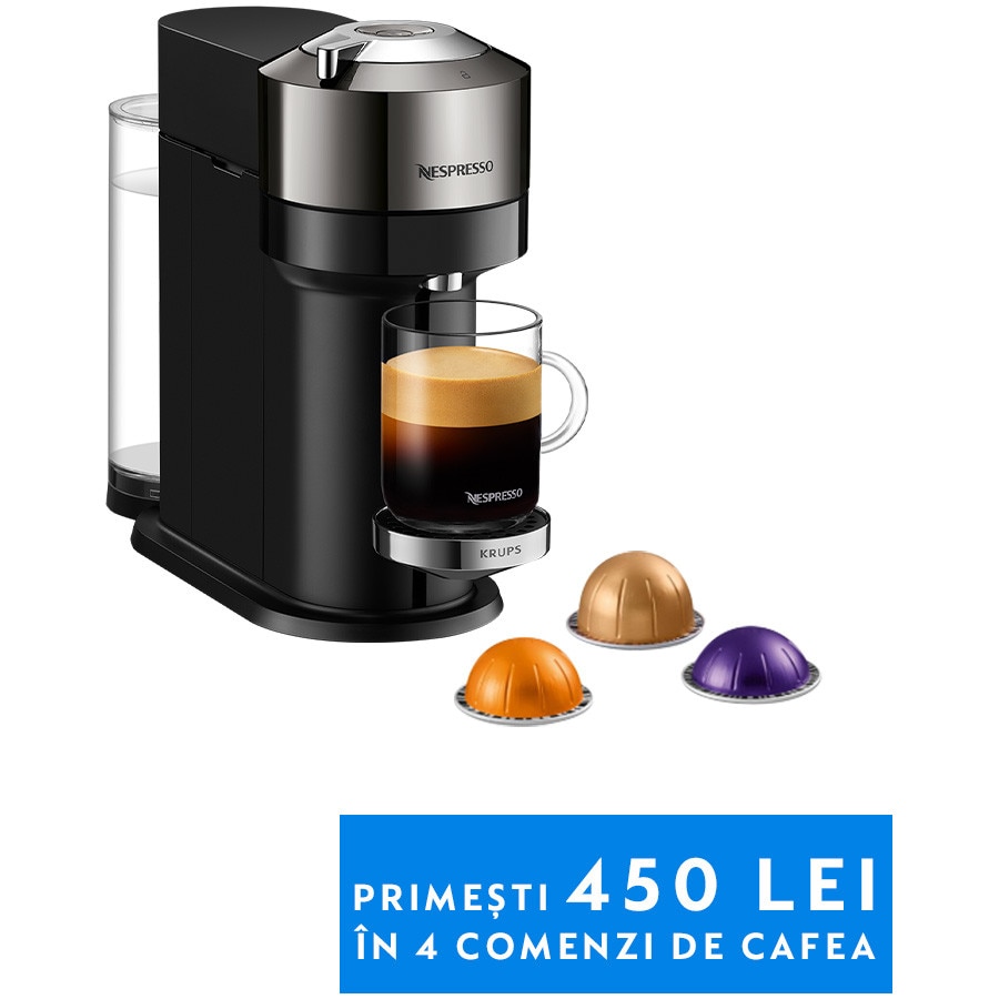 Espressor KRUPS cu capsule Nespresso Vertuo Next Deluxe XN910C10, 1500W, 19 Bar, Centrifusion™, Conectare la telefon, 1.1L, Dark chrome + set capsule degustare