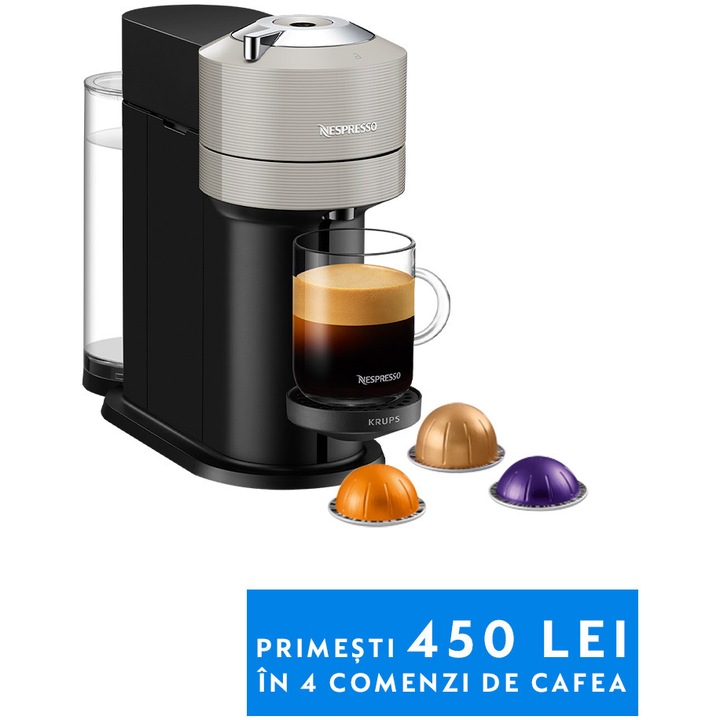 Espressor Nespresso by Krups Vertuo Next XN910B10, 1500W, 19 Bar, Centrifusion™, Conectare la telefon, 1.1L, Gri, set capsule degustare inclus