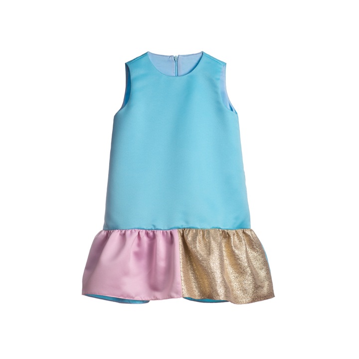 Rochie Avery, tafta, matase, Auriu/Roz lila/Albastru deschis