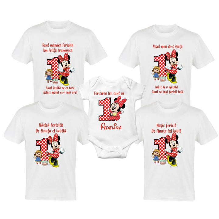 Set 4 tricouri si body pentru aniversare 1 an, taierea motului, albe din bumbac cu tema-MINNIE Mouse, rosu