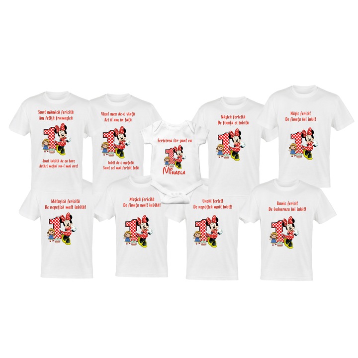Set 8 tricouri si body pentru aniversare 1 an, taierea motului, albe din bumbac cu tema-MINNIE Mouse, rosu