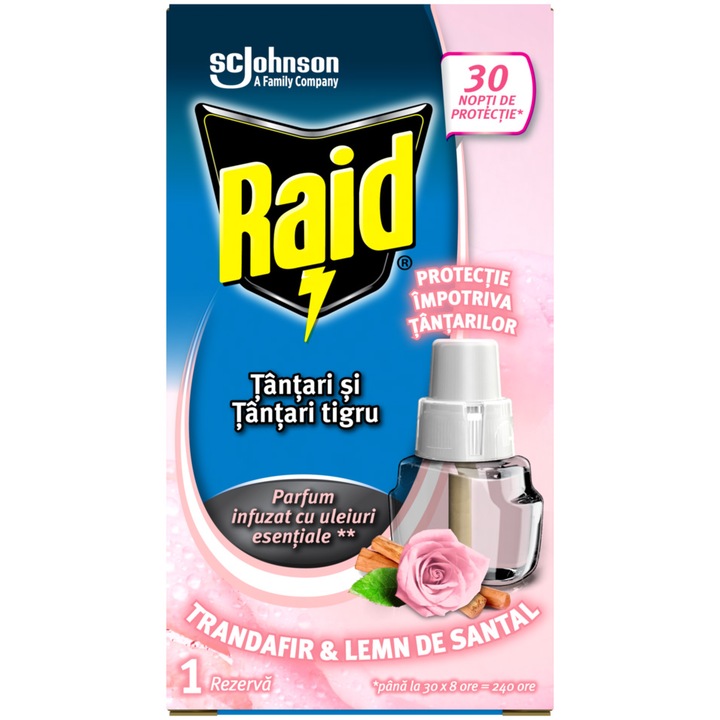 Rezerva aparat electric Raid Liquid impotriva tantarilor, Trandafir si Lemn de Santal, 30 nopti, 21 ml
