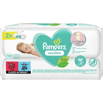 Servetele umede Pampers Sensitive, 2 pachete x 52, 104 buc Servetele umede Pampers Sensitive, 2 pachete x 52, 104 buc