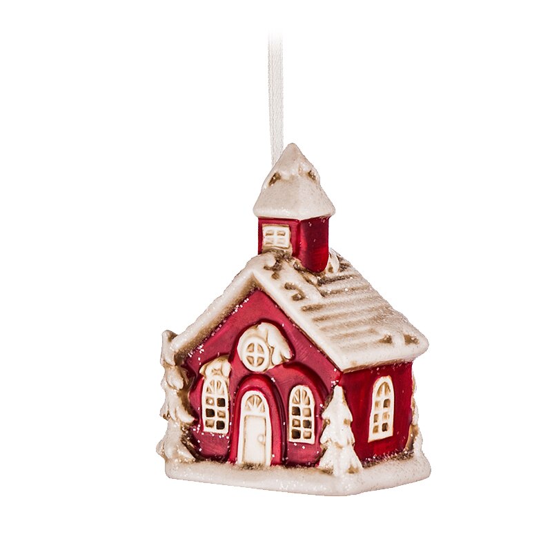 Ornament brad, casa cu lumina, din portelan, inaltime 9cm, Rosu/Alb
