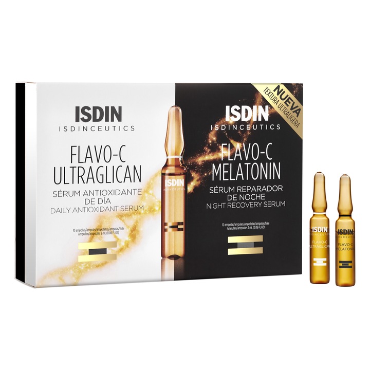 Ser pentru zi si noapte ISDIN Flavo C Ultraglican&melatonin, 20 fiole x 2 ml