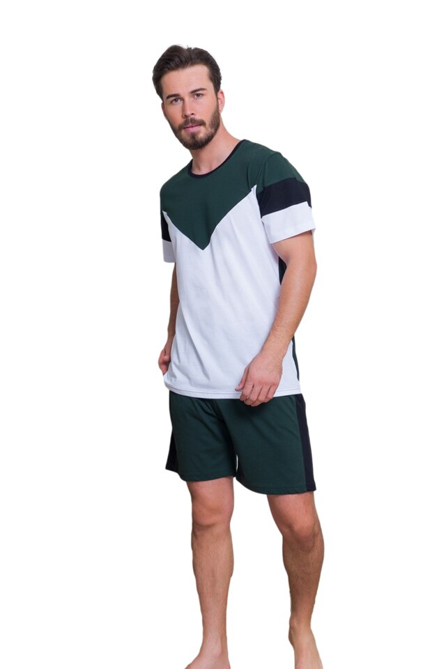 Pijamale barbati Gazzaz by Vienetta, pantalon si maneci scurte, model Herbal Garden, buzunare, bumbac