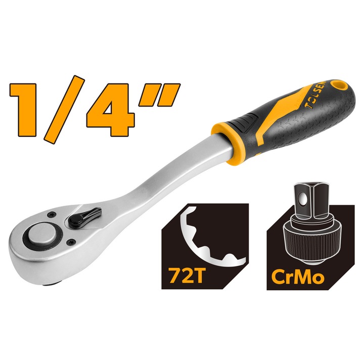 Clichet reversibil TOLSEN 1/4", CrMo, 72 dinti, angrenaj Cr-V, cu eliberare rapida, maner ergonomic 2 componente, ideal pentru spatii inguste, Industrial
