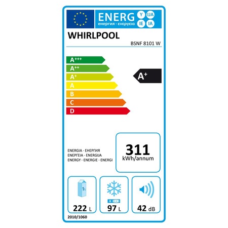 Combina frigorifica Whirlpool BSNF 8101 W Aqua, 319 l, Clasa A+, No Frost, 6th Sense, Dozator apa, H 188.5, Alb