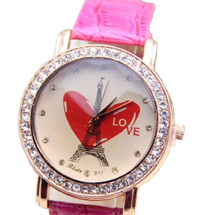 Divatos női karóra, műbőr pink szíjjal, Eiffeles számlappal