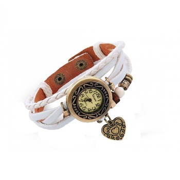 Ceas de dama Retro Vintage, curea din imitatie de piele, accesoriu inima, culoare alb Ceas de dama Retro Vintage, curea din imitatie de piele, accesoriu inima, culoare alb