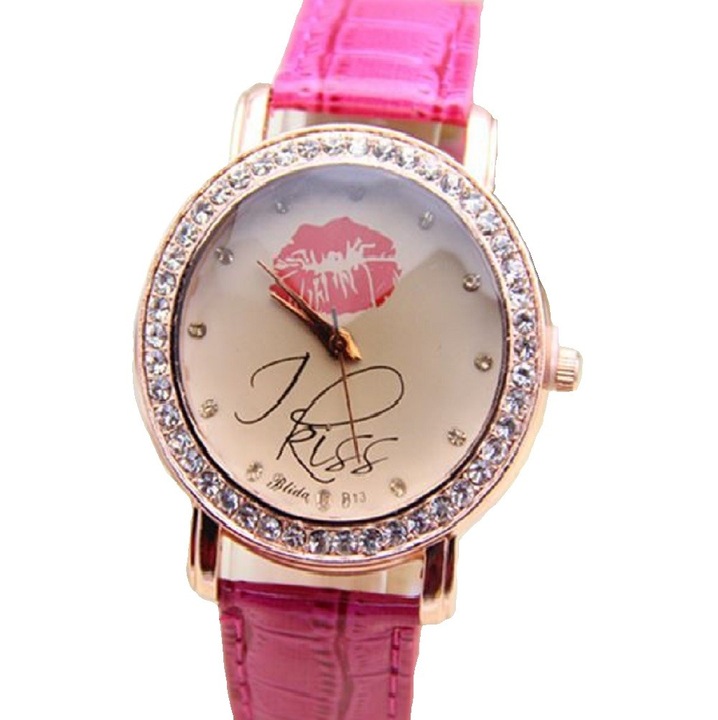 Divatos női karóra, műbőr pink szíjjal, csajos számlappal