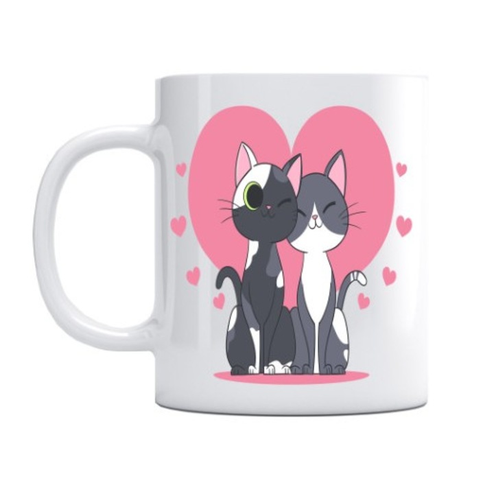 Cana personalizata pisici indragostiti cu inimi roz