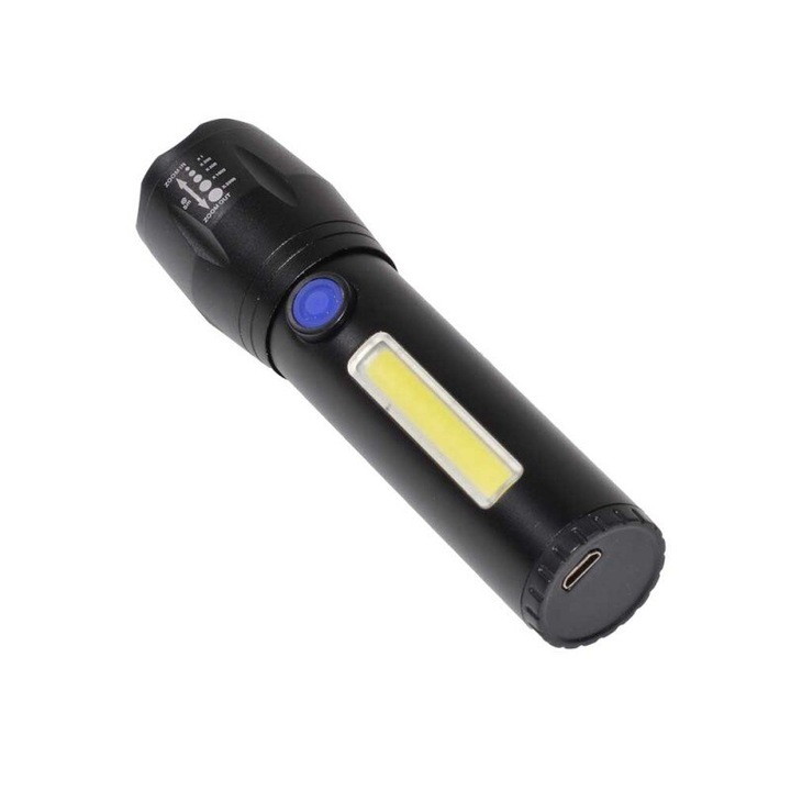 Lanterna cu LED CREE 3 W, LED lateral COB 3 W, acumulator integrat, zoom telescopic, negru
