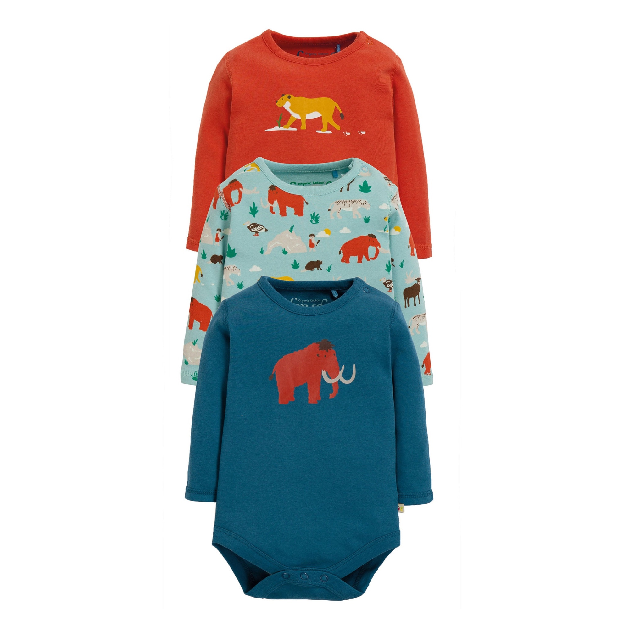 Body, pachet 3 bucati “animale preistorice”, bumbac organic, multicolor, bebe 0-3 luni