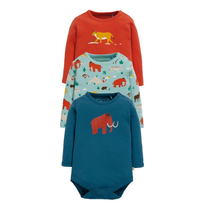 Body, pachet 3 bucati “animale preistorice”, bumbac organic, multicolor, bebe 0-3 luni