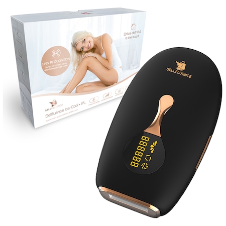 Epilator IPL Sellfluence, tehnologie ICE-COOL, cu mod automat, 999.999 pulsatii, epilare definitiva fara durere, pentru barbati, femei, indeparteaza parul permanent de pe corp, brate, picioare, axila, facial si inghinal, senzor piele, negru mat