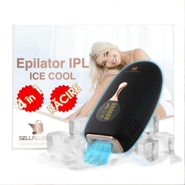 Epilator IPL Sellfluence ICE-COOL 4 in 1, epilare definitiva fara durere, 999.999 pulsatii, mod automat, pentru barbati, femei, indeparteaza parul permanent de pe corp, brate, picioare, axila, facial si inghinal, senzor piele