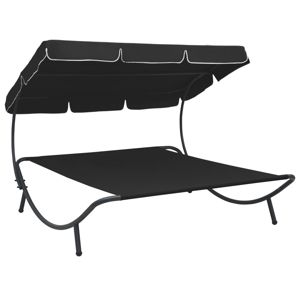 Pat sezlong dublu cu baldachin, vidaXL, Tesatura, 200 x 173 x 135 cm, Negru