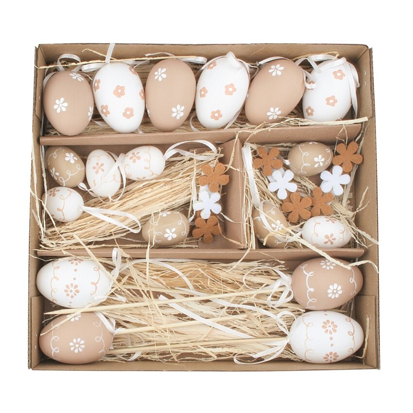 Set oua de pasti in cutie, cu nuante maro + alb, marimi diferite