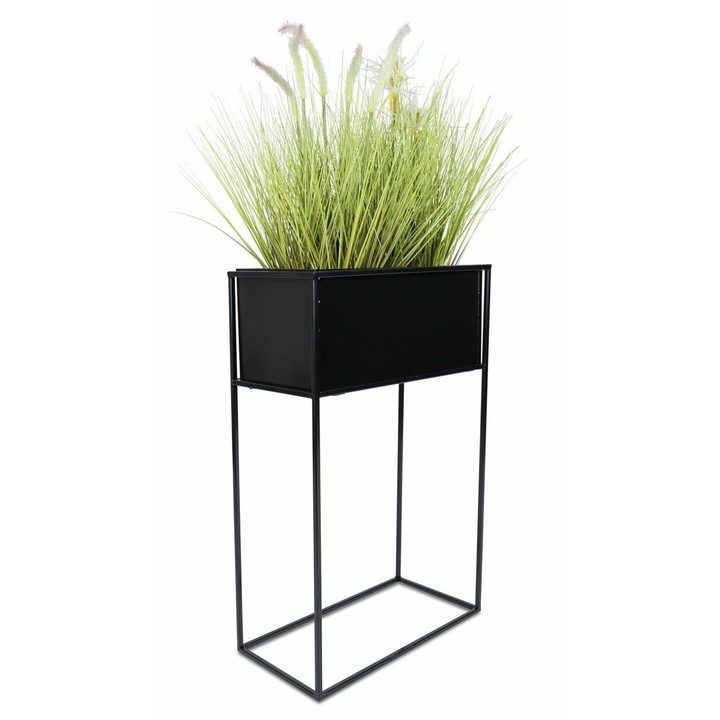Loft Virágtartó állvány, fém, virágládával, 70 cm, fekete