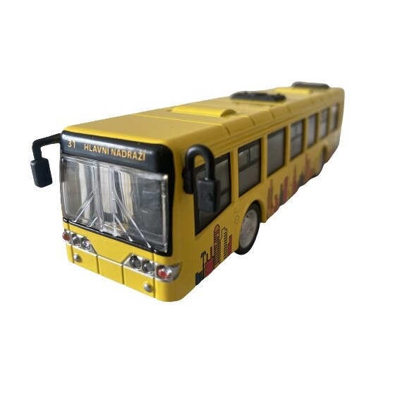 Autobuz de oras galben din metal cu lumini si sunete functia pull- back and release 16 cm