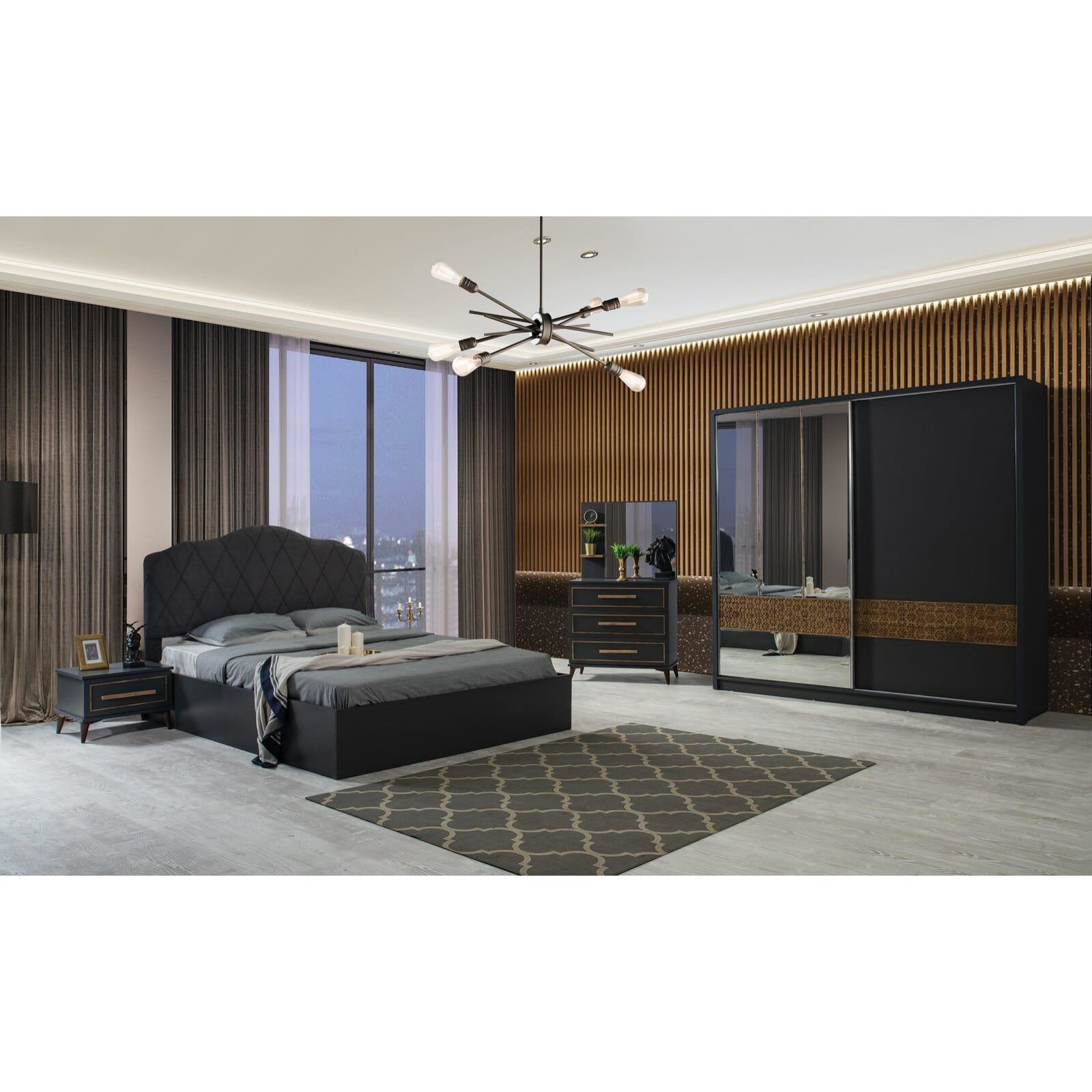 Set Dormitor Venedik , Pat 160 x 200 x 120 cm , Sifonier 220 x 210 x 60 cm , Comoda + Oglinda 82 x 144 x 41 cm , Noptiere ( 2 buc ) 52 x 41 x 38 cm