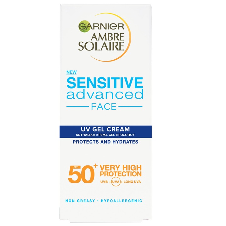 Crema pentru fata Garnier Ambre Solaire Sensitive Advanced Gel cu protectie solara foarte ridicata SPF50+, 50 ml