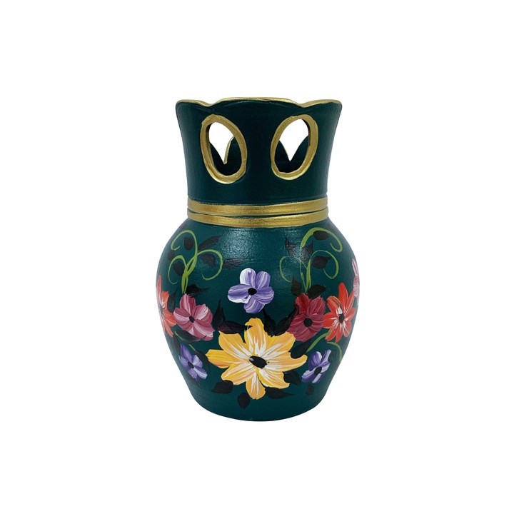 Vaza din ceramica de Arges realizata manual, Argcoms, Bufnita, Pictura florala, Fond verde