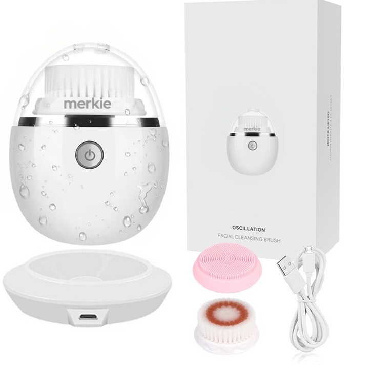 Perie faciala cu vibratii sonice pentru curatare faciala, demachiere si masaj, MERKIE, waterproof, IPX7, 3 moduri de vibratie cu ultrasunete electrice, incarcare wireless, 3 capete de schimb, Alb
