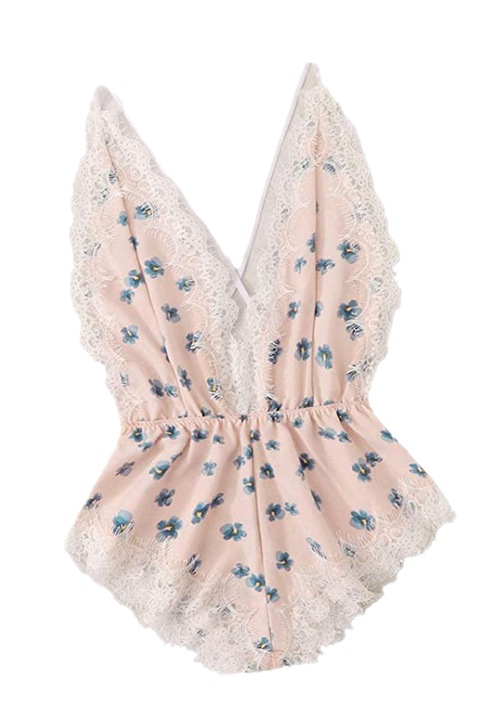 Lenjerie tip body sexy, satin si dantela, EFAYN RO, Roz pal, One Size